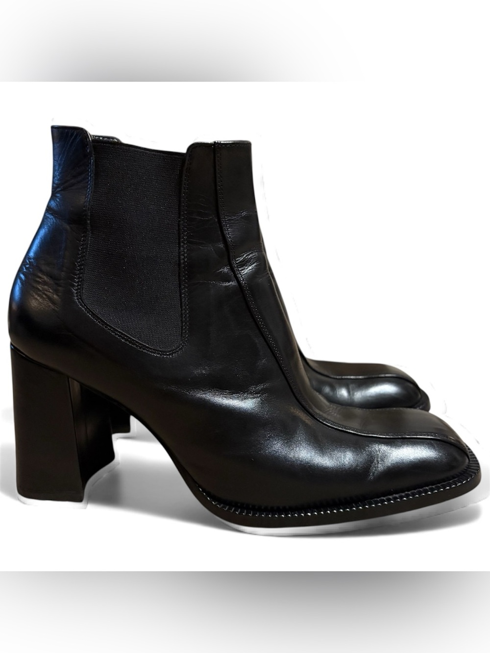 Vtg 90s Charles David Black Leather Loafers Square Toe Chunky Block Italy Sz 36